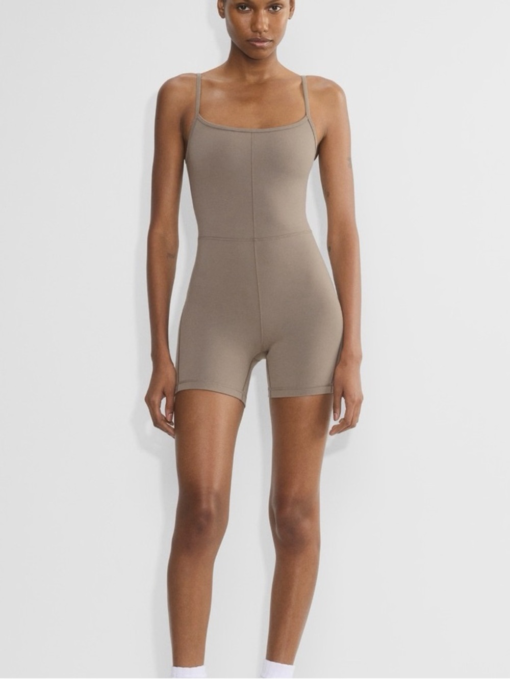 Aritzia Wilfred Free Divinity Romper in taupe color